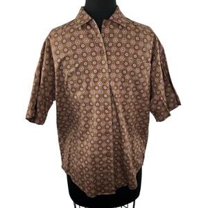 VINTAGE Aeropostale Brown Floral Print Short Sleeve Button Down Cotton Top Sz M